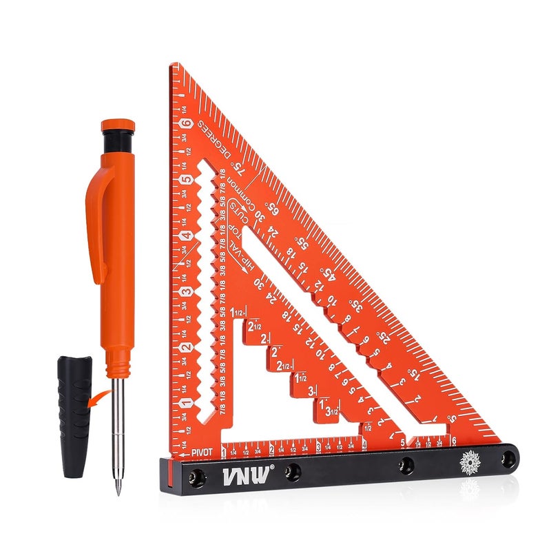 VNW 7inch Rafter Square with Carpenter Pencil, 1/8" Precision Heavy Duty Aluminum Woodworking Rule,Triangle Ruler Measuring Layout Tool (Champagne, Rafter Square) - Image 1